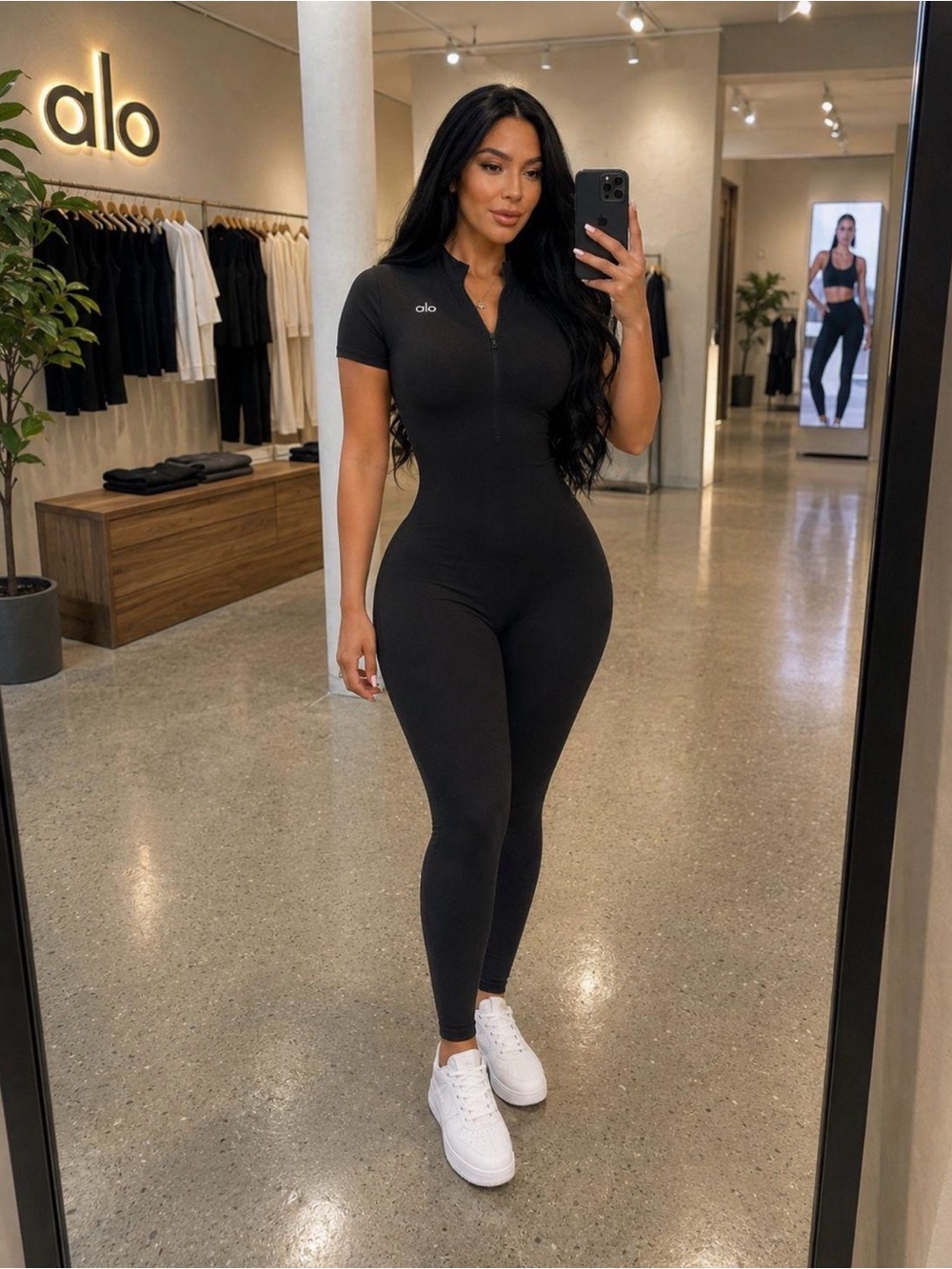 ALO Yoga Black Short-Sleeve Zip-Front Jumpsuit